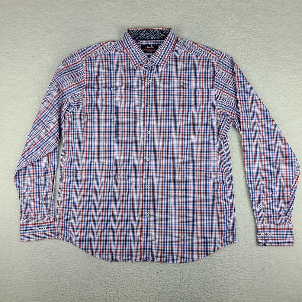 BUGATCHI Shirt Mens Large Blue Red Plaid Classic Fit Performance Dress Button Up